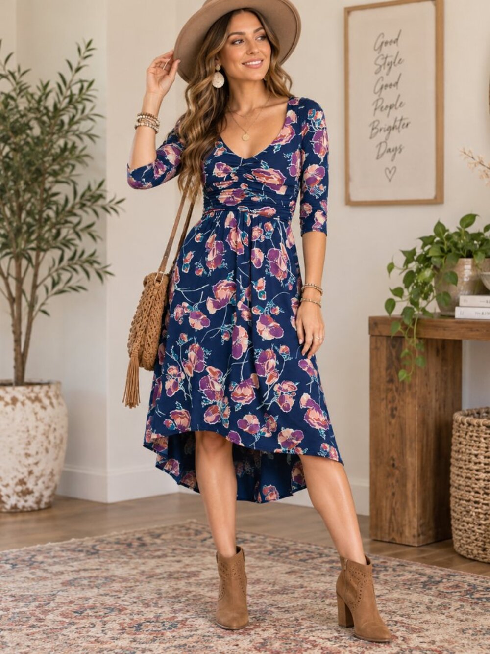 ANTHROPOLOGIE Maeve Bohemian Floral Ruched High-Low Midi Dress, Size S